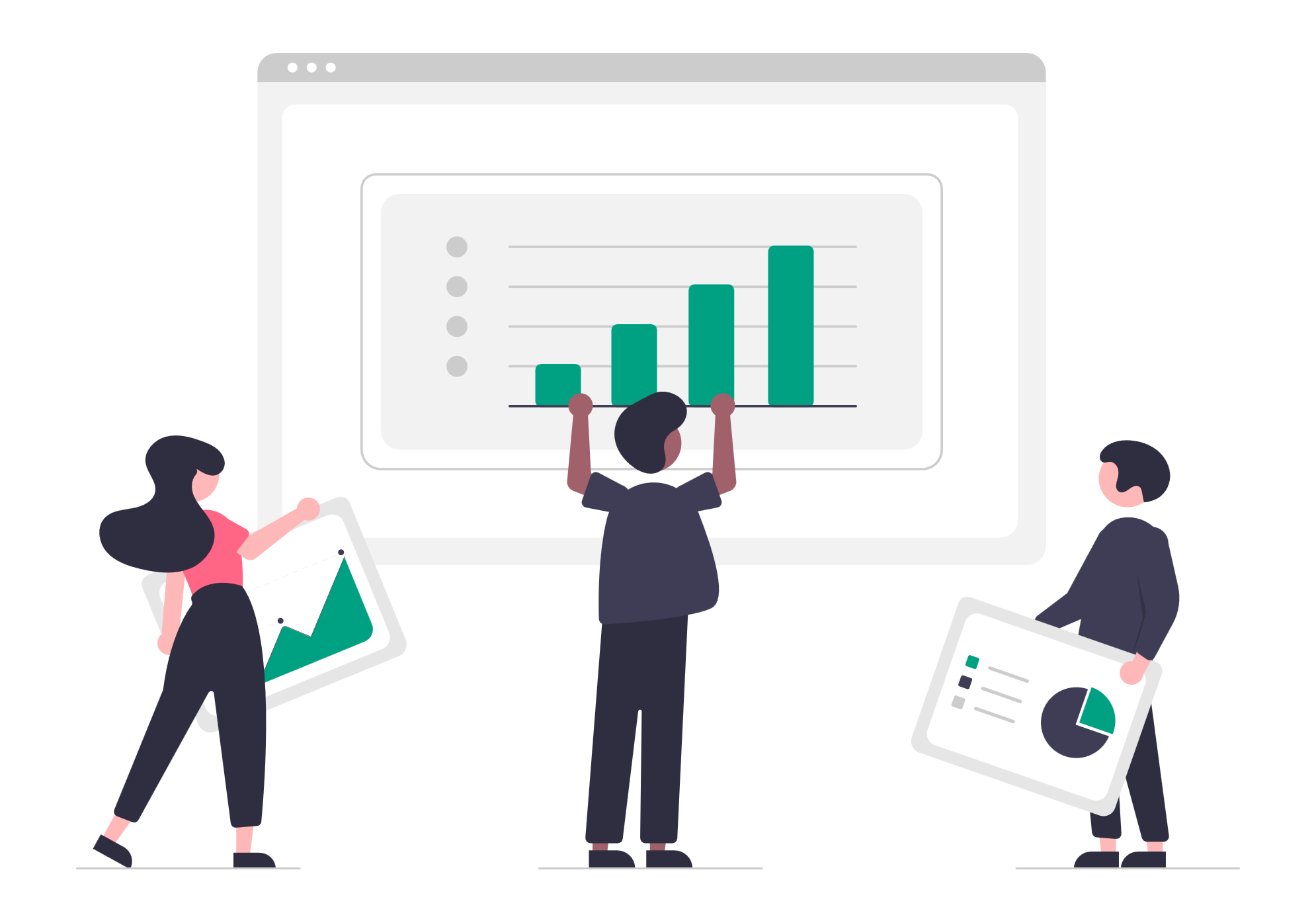 Illustration of 3 people holding research data as if they are large cards and placing them on the wall