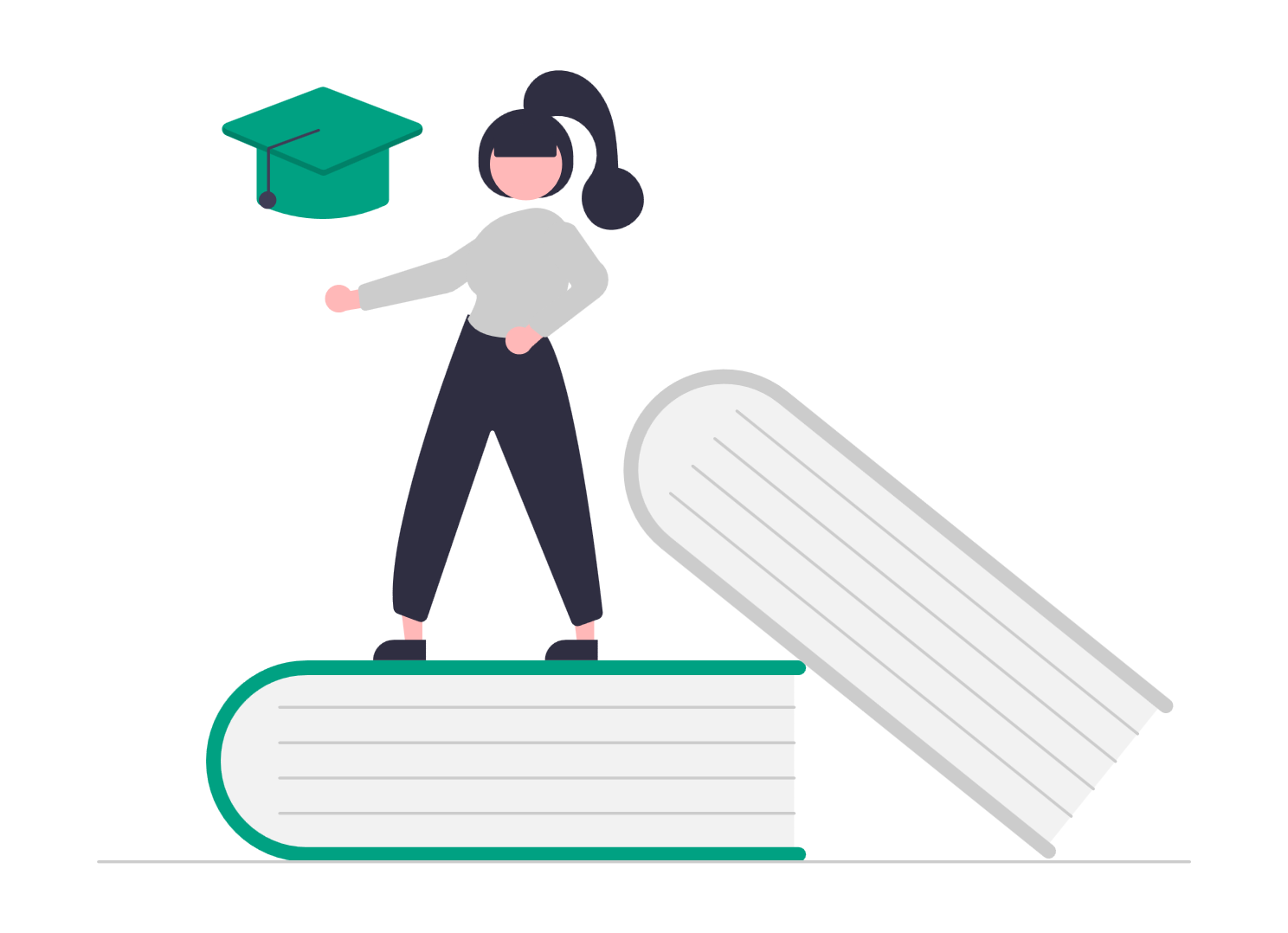 Illustrtion of a young woman standing on two oversized books with a graduation cap
