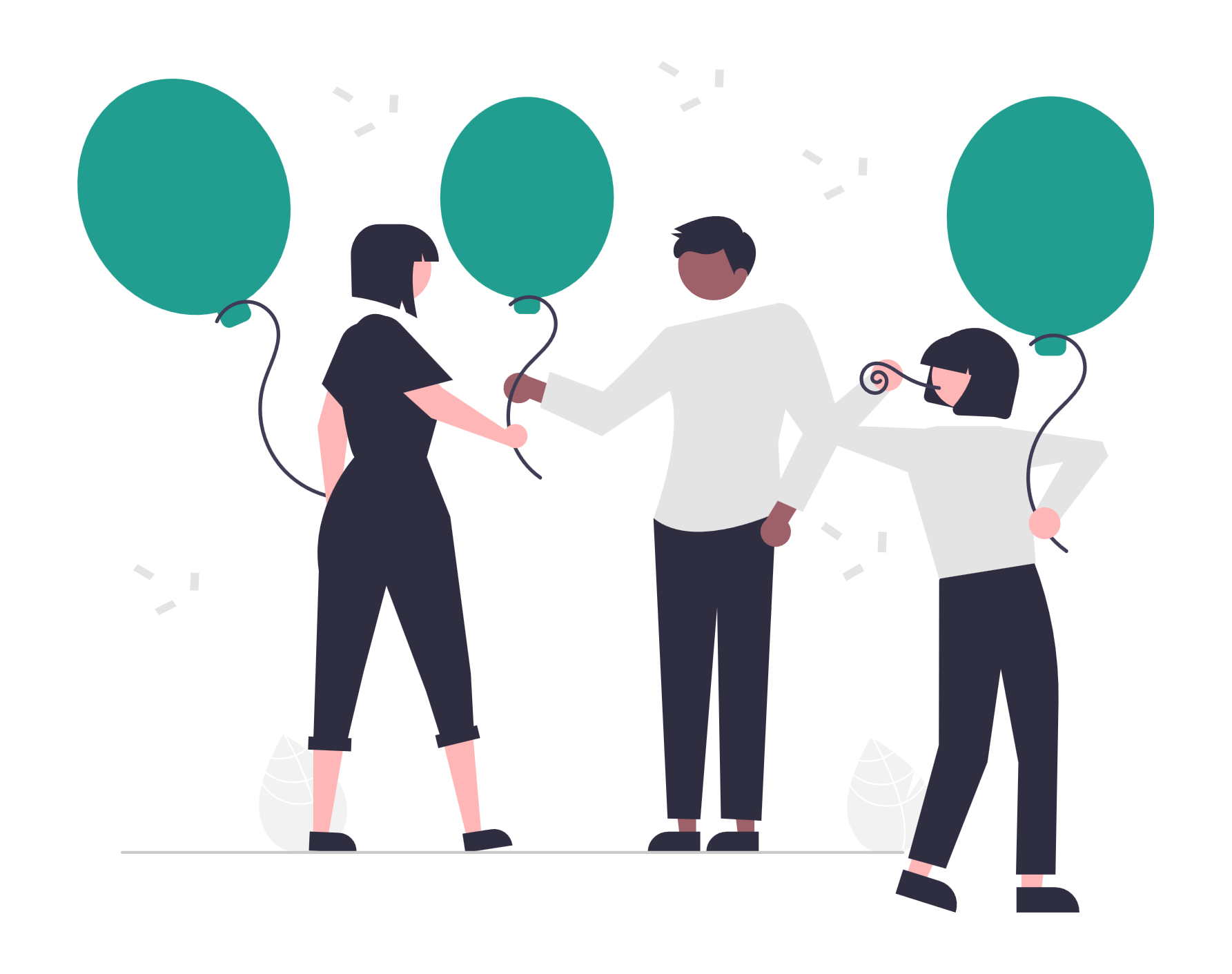 Illustration of three people holding balloons and celebrating