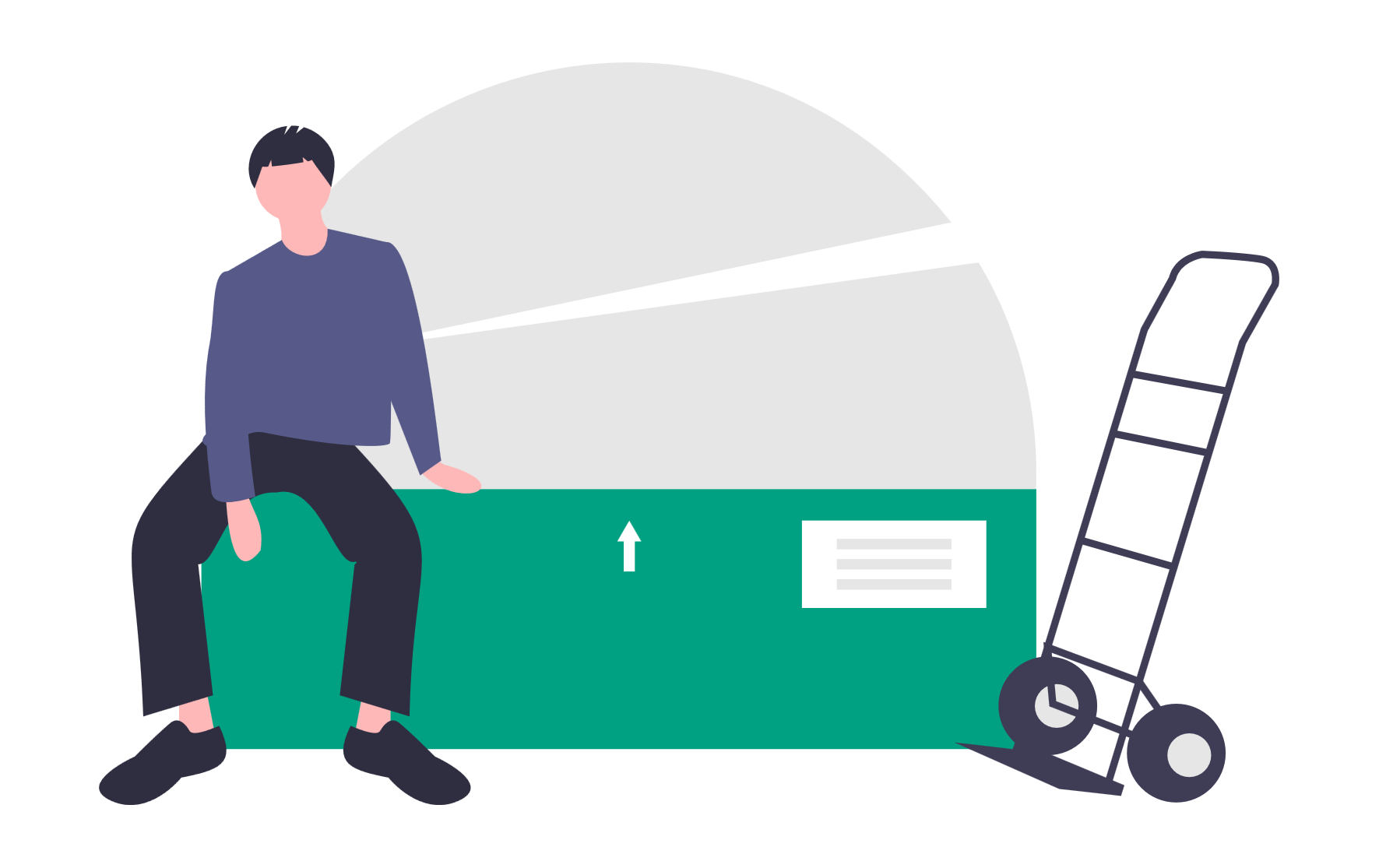 illustration of a man sitting on a big storage box next to a dolly