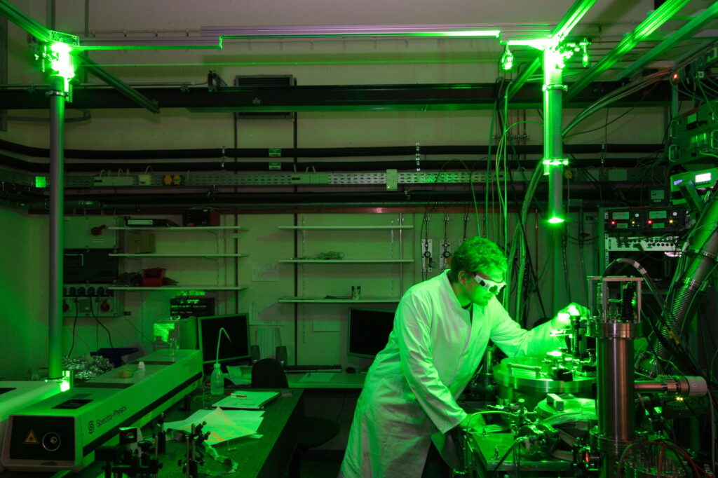 A laboratory illuminated in green light