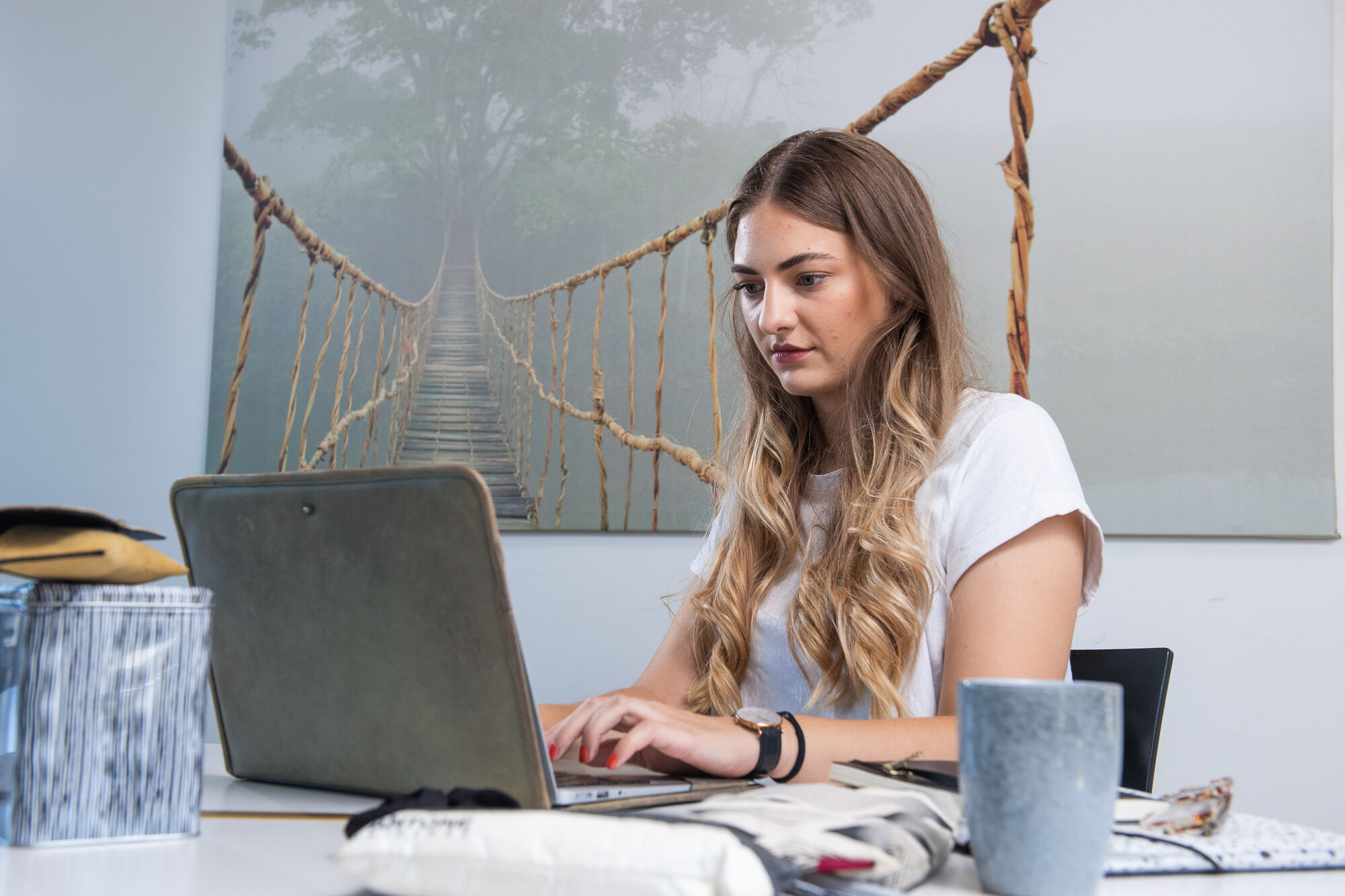 A young woman sits at a desk and works on her laptop.