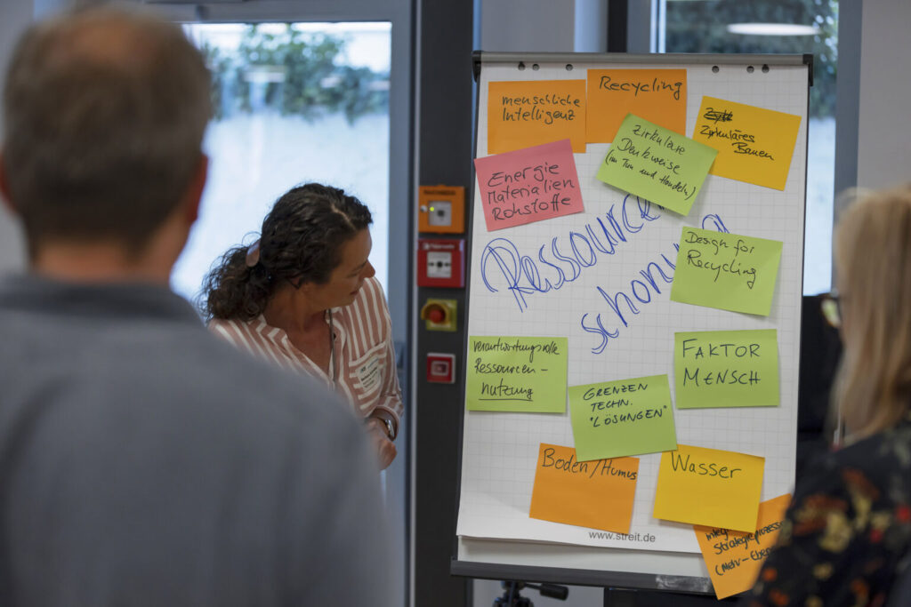 Many colourful pieces of paper with possible solutions are stuck on a pinboard with the title Conserving resources. Several people stand around and read what is written on the pinboard.