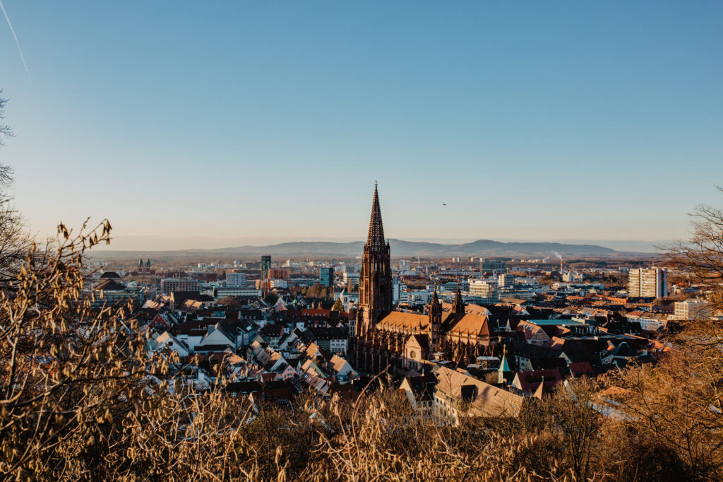 Blick auf Freiburg in der Abendämmerung.