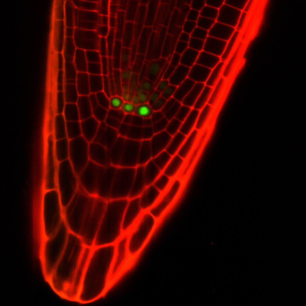 The tip of a plant root under the (fluorescence) microscope.