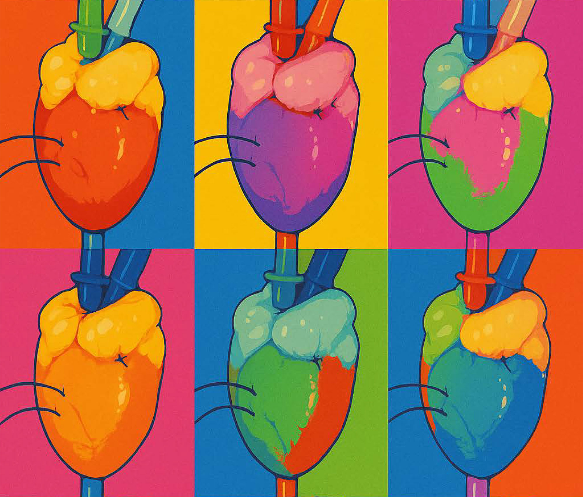 Illustration of six different human hearts