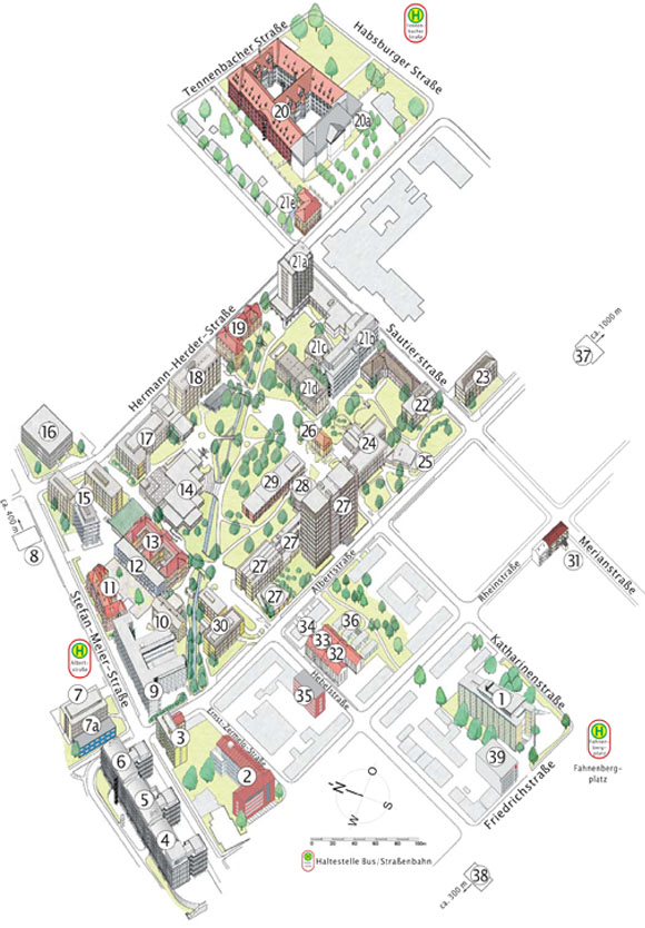 Ein Lageplan der Gebäude der Universität Freiburg.