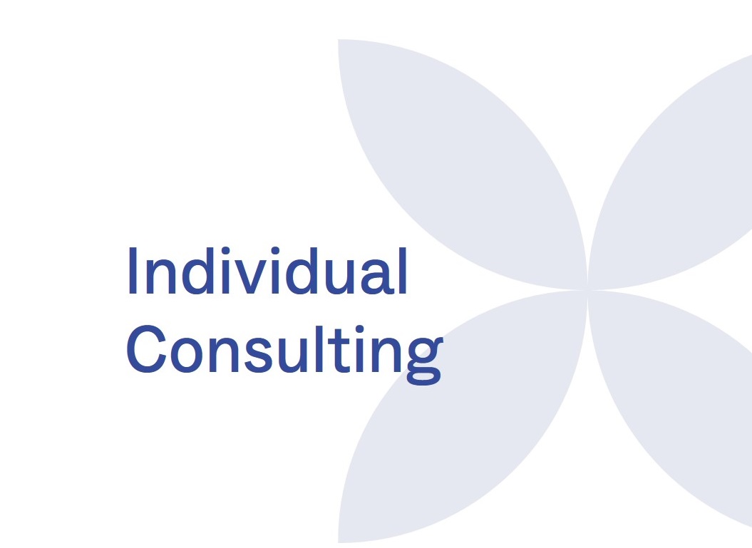 in the front of this image, there is text saying individual consulting and in the back, there is a light blue flower.