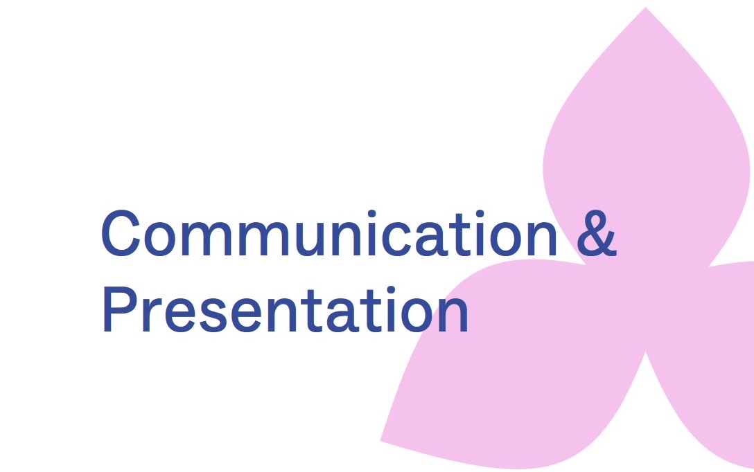 in the front of this image, there is text saying communication and presentation and in the back, there is a pink trefoil