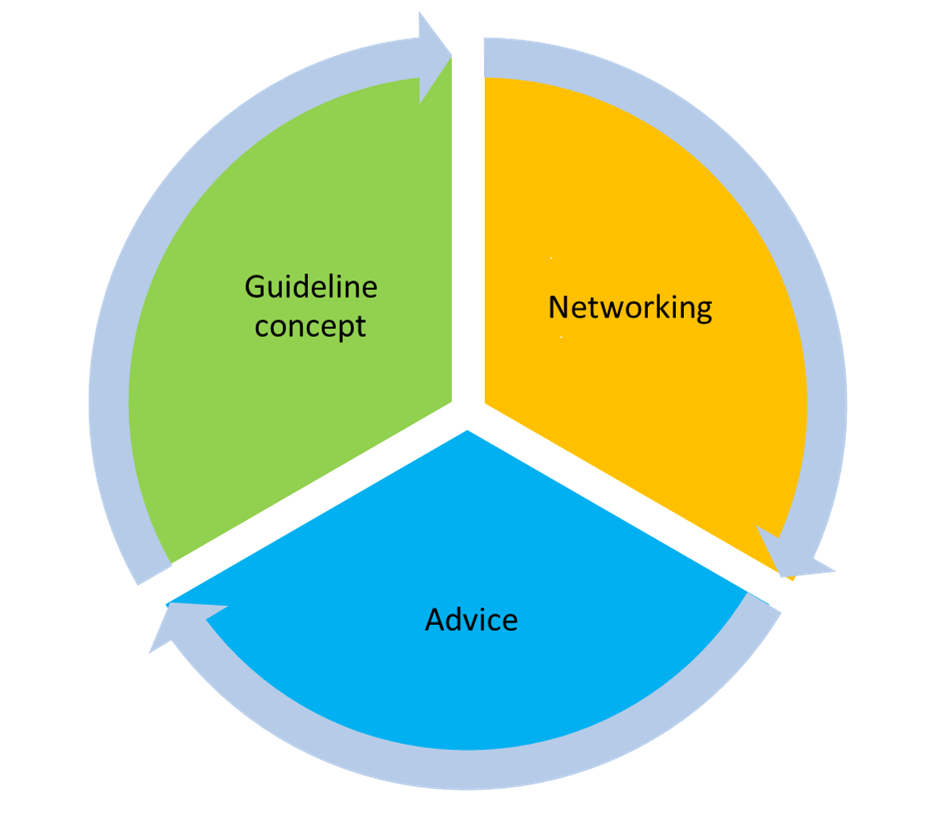 The image shows a graphic with 3 areas: Advice, Networking and guidline an concept