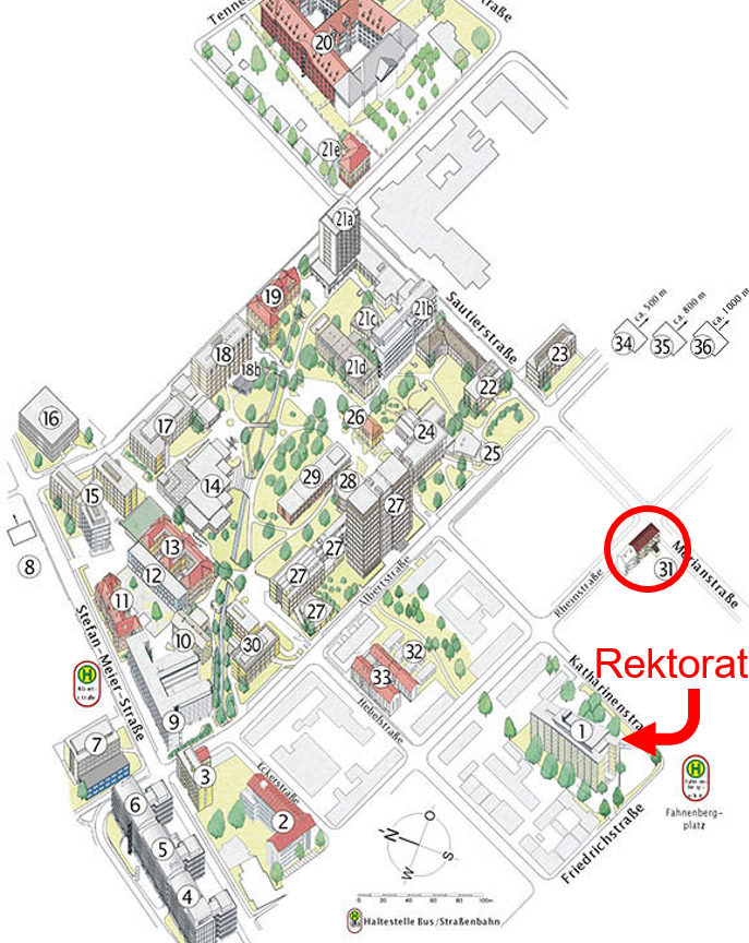 Es ist ein Lageplan der Gebäude der Universität Freiburg zu sehen. Das Rektoratsgebäude in der Friedrichstr. 39 ist mit einem roten Pfeil markiert. Das Gebäude in der Rheinstraße 10, in dem die Abteilung Gleichstellung, Diverstität und akademische Personalentwicklung untergrebracht ist, ist mit einem roten Kreis markiert.