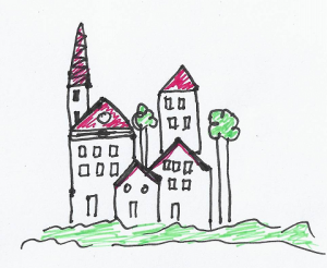 Häuser, nebeneinanderstehend, gezeichnet