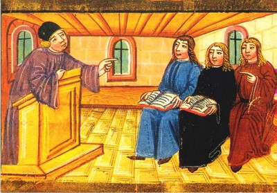 ['Vorlesung um 1500' aus dem Statutenbuch des Collegium Sapientiae]