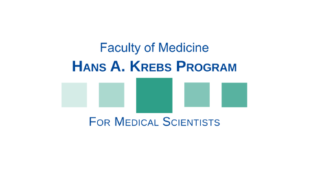 Logo of "Faculty of Medicine, Hans A. Krebs Program" for Medical Scientists" with 5 sea-green squares in different shades and sizes