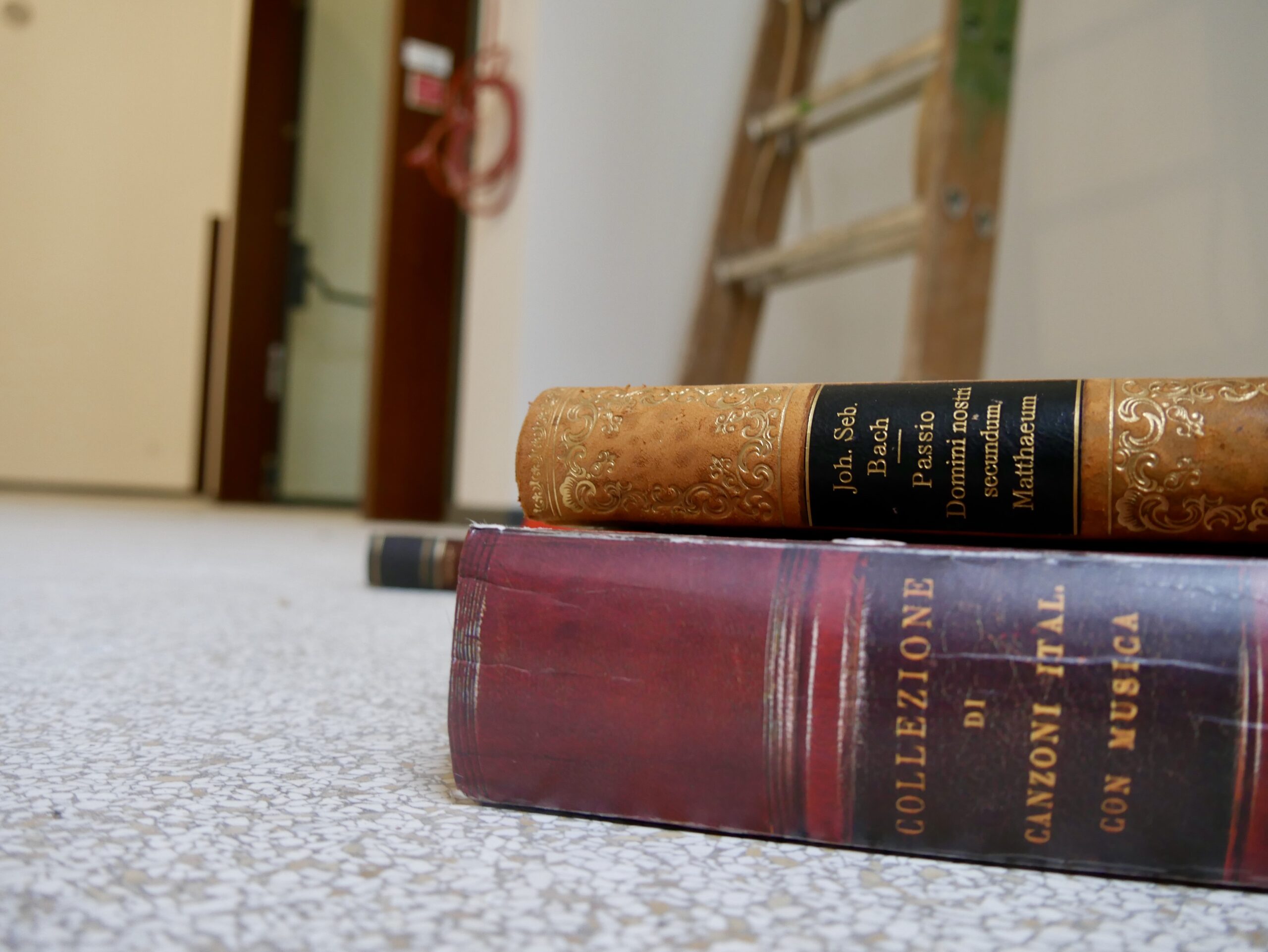 Ein Bild von zwei Büchern auf dem Boden, mit einer Leiter im Hintergrund, aufgenommen während der Renovierungsarbeiten am Seminar von Janik Hollaender.