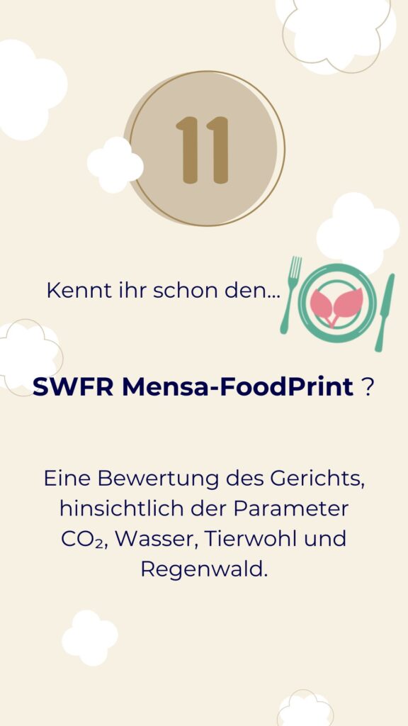 Tür 11 SWFR Mensa-FoodPrint. Bewertung des Gerichts hinsichtlich der Parameter CO2, Wasser, Tierwohl und Regenwald.