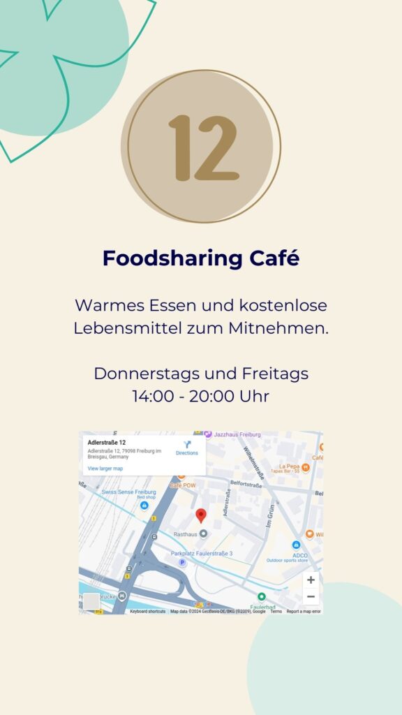 Tür 12 Foodsharing Café: Warmes Essen und kostenlose Lebensmittel zum mitnehmen. Donnerstags und Freitags 14-20 Uhr