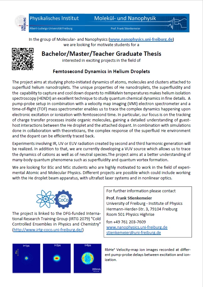 Stellenausschreibung Bachelor/Master/Teacher Graduate Thesis: Femtosecond Dynamics in Helium Droplets.