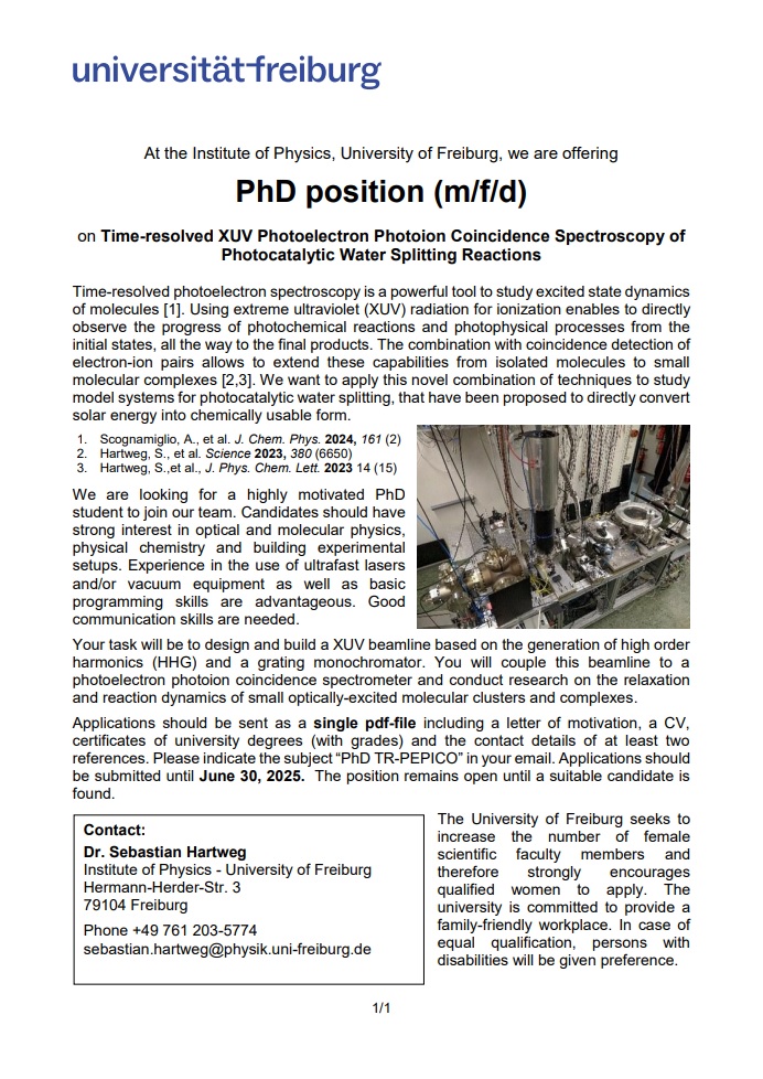Stellenangebot PhD position (m/f/d) on Time-resolved XUV Photoelectron Photoion Coincidence Spectroscopy of Photocatalytic Water Splitting Reactions