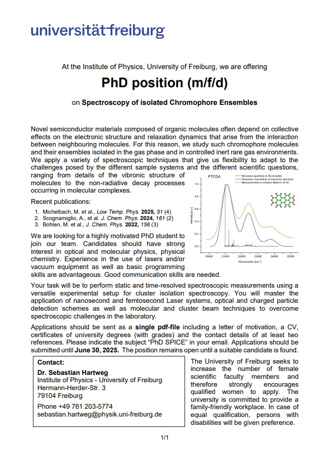 Stellenangebot PhD position (m/f/d) on Spectroscopy of isolated Chromophore Ensembles