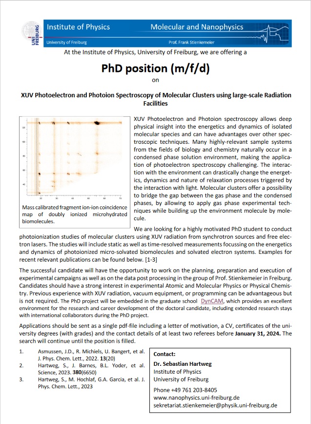 Stellenausschreibung PhD position (m/f/d): XUV Photoelectron and Photoion Spectroscopy of Molecular Clusters using large-scale Radiation Facilities