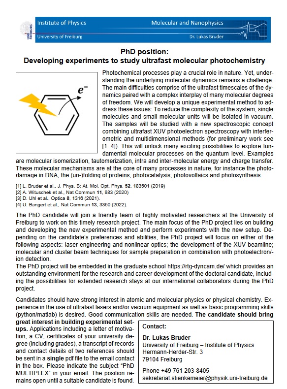 Stellenausschreibung PhD position: Developing experiments to study ultrafast molecular photochemistry.