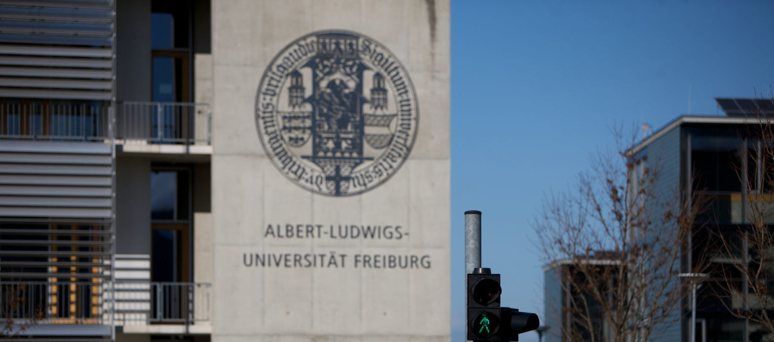 View of the seal of the Albert-Ludwigs-Universität, attached on a building of the Faculty of Technology.