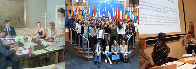 Collage of students preparing for Model United Nations and having class discussions.