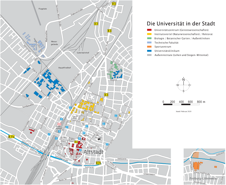 Stadtkarte Freiburg mit markierten Unigebieten