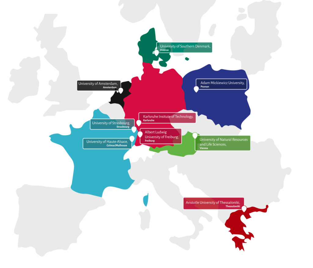 Eine Landkarte mit EPICUR-Standorten. Farblich markiert sind die Länder Frankreich, Niederlande, Deutschland, Dänemark, Österreich, Polen und Griechenland
