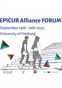 Einladungsposter zum EPICUR Alliance FORUM. Zu sehen sind zwei gezeichnete Personen, die eine Treppe hochlaufen.