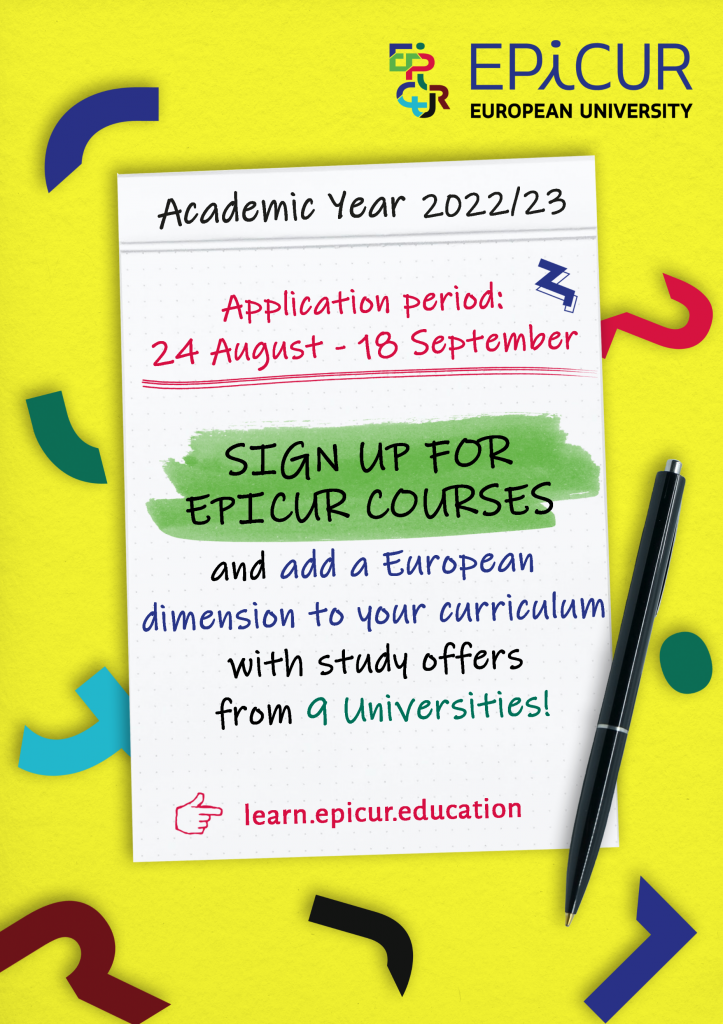 A poster by EPICUR invites to sign up for EPICUR Courses in the academic year 2022/23