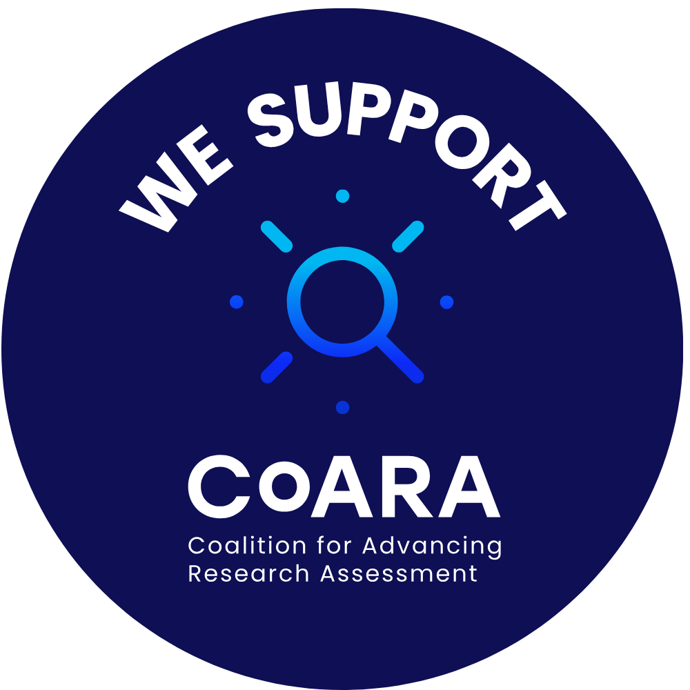 Ein blaues, rundes Logo mit der Aufschrift: we support CoARA