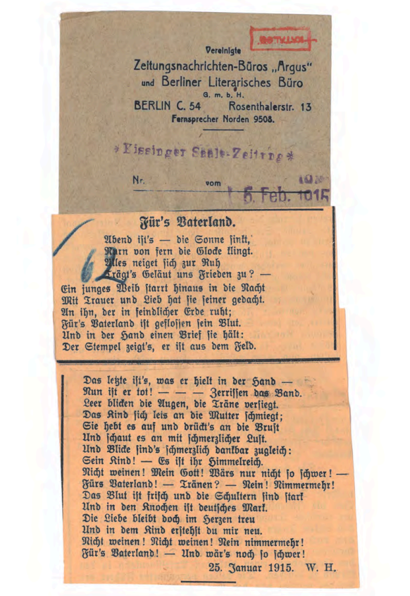 Ein aus der Zeitung ausgeschnittenes Kriegsgedicht von 1915.