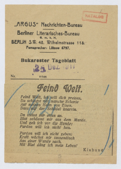 Ein aus der Zeitung ausgeschnittenes Gedicht von 1917.