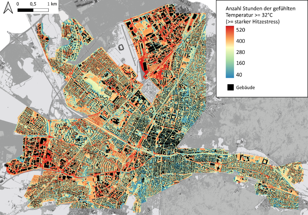 Eine Grafik mit dem Stadtplan von Freiburg, in der die Anzahl der Stunden pro Jahr mit einer gefühlten Temperatur von mehr als 32 Grad durch unterschiedliche Farbige hinterlegungen ersichtlich wird. 