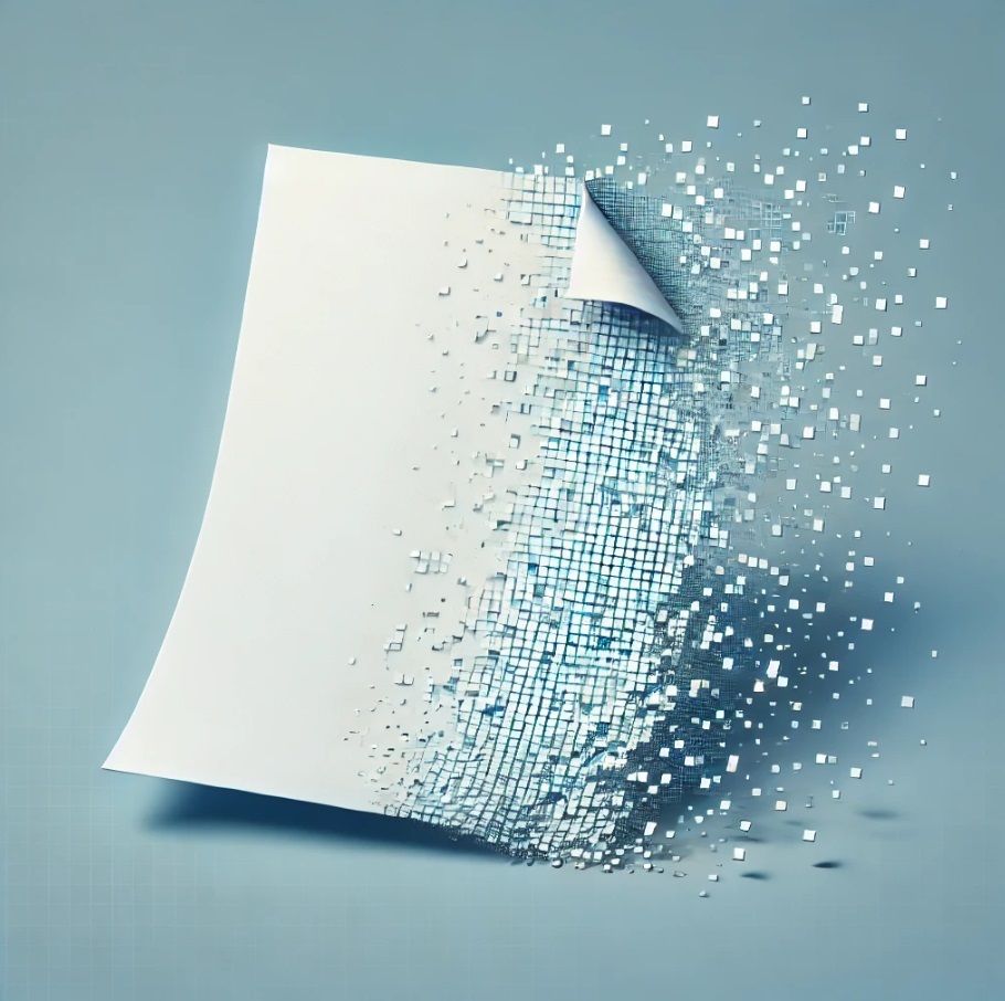 Grafik eines Blattes aus Papier, welches sich in Pixel auflöst