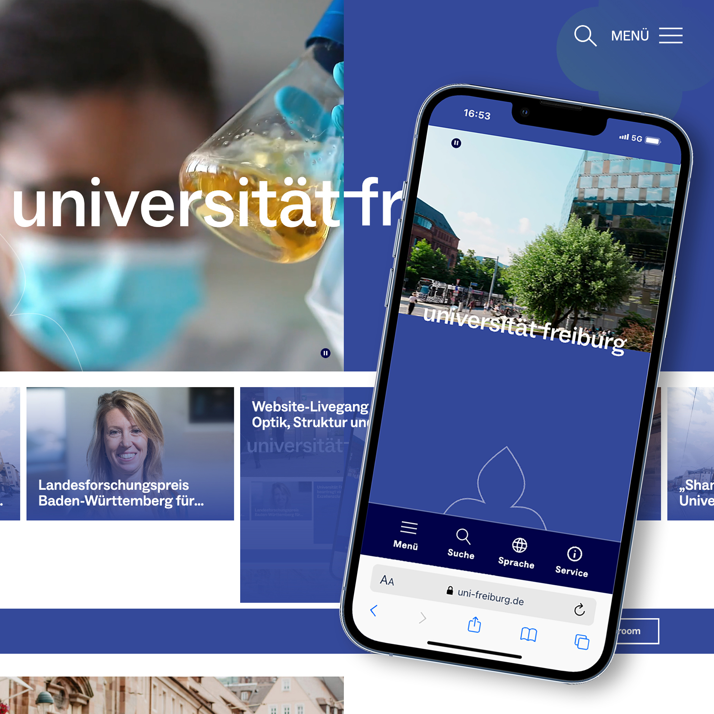 Screenshot der neuen Website der Universität Freiburg in mobiler und Desktop Ansicht.