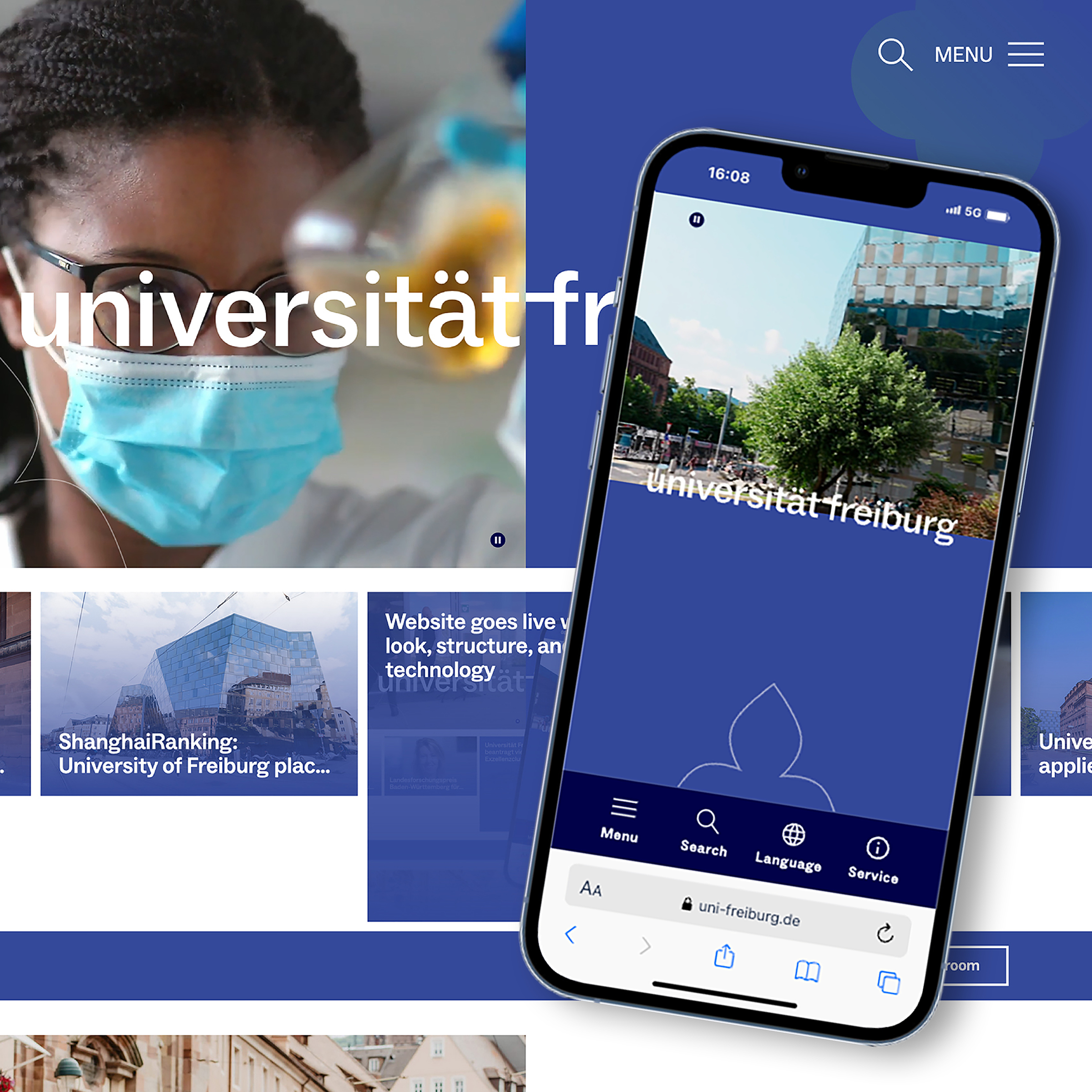 Screenshot der neuen Website der Universität Freiburg in mobiler und Desktop Ansicht.