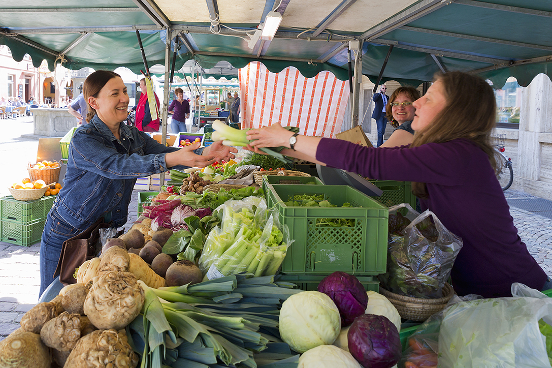 Gemüsekauf auf dem freiburger Wochenmarkt