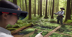 Eine Frau mit einer Virtual Reality Brille blickt in einen Wald, der durch augmented reality ergänzt wird.
